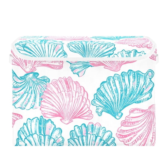 Blue Pink Seashells Hand Painted Foldable Storage Bin with Lid and Handle Collapsible Storage Box 16.5 x 12.6 x 11.8 inches