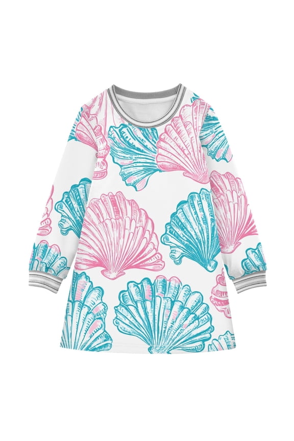 Blue Pink Seashells Hand Painted Long-sleeved Dress A-line One-Piece Dress for 2-8 Years Casual Party 2T