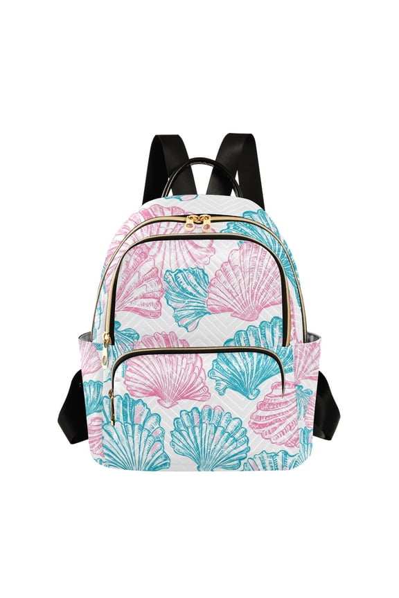 Blue Pink Seashells Hand Painted Quilted Backpack Fashion Daypack Commuter Bag for Women 14 L