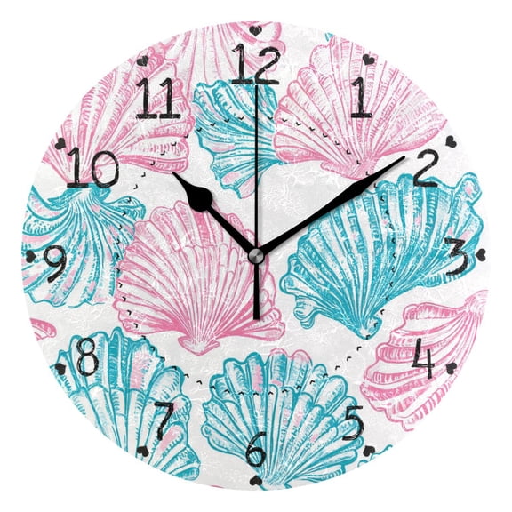 Blue Pink Seashells Hand Painted Round Wall Clock Silent Analog Battery Operated Black Pointer Home Decor 9.84" Diameter