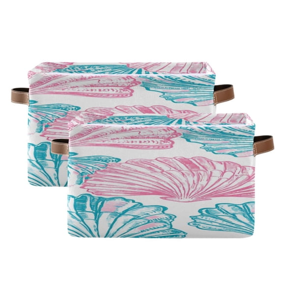 Blue Pink Seashells Hand Painted Square Storage Bins with Handles Collapsible Containing Box 2 Packs