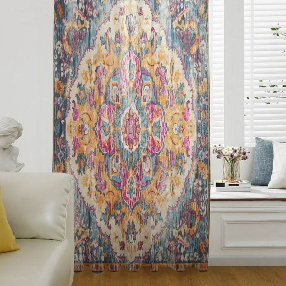 Blue Pink Semi Sheer Curtains Drapes for Living Room, Bedroom, French Doors Window 45 Inches Long, Boho Middle Century Geometric Abstract Rod Pocket Chiffon Curtain Drapery Voile Draperies Panel