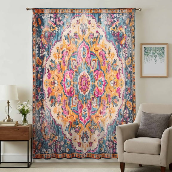 Blue Pink Sheer Curtains 84 Inches Long, Boho Middle Century Geometric Abstract Light Filering Curtains, Breathable Simi Curtain Privacy Drapes for Living Room Bedroom Lightweight Window Treatment