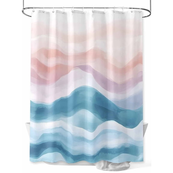 Blue Pink Shower Curtain, Ombre Sea Wave Abstract Watercolor Ocean Coastal Waterproof Shower Curtain Set with 12 Hooks Lightweight Washable Fabric Shower Curtains for Bathroom 72x78 Inches