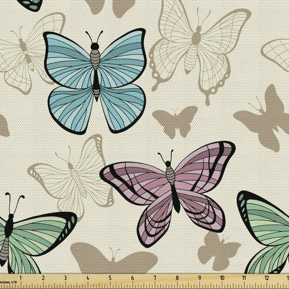 Ambesonne Blue and Pink Fabric by the Yard Upholstery, Vintage Butterflies, 3 Yards, Eggshell Multicolor