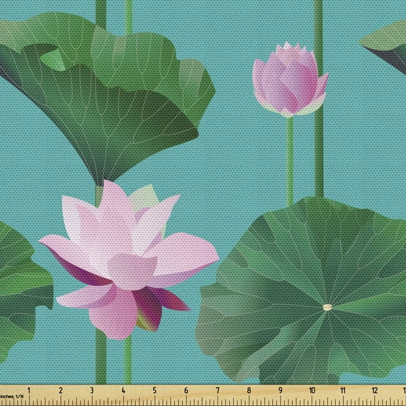 Ambesonne Blue and Pink Fabric by the Yard Upholstery, Lotus Leaves, 10 Yards, Green Pale Pink