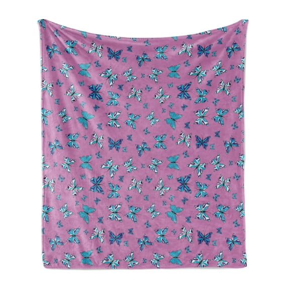 Blue and Pink Soft Flannel Fleece Throw Blanket, Abstract Butterflies Repeating Pattern on Pink Background Print, Cozy Plush for Indoor and Outdoor Use, 60" x 80", Multicolor, by Ambesonne