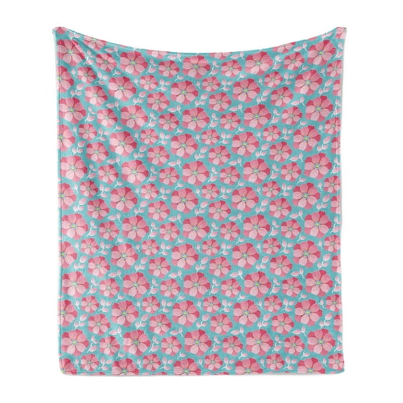 Blue and Pink Soft Flannel Fleece Throw Blanket, Abstract Petals and Leaves, Cozy Plush for Indoor and Outdoor Use, 50" x 70", Sea Blue Pink, by Ambesonne