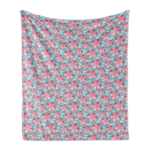 Blue and Pink Soft Flannel Fleece Throw Blanket, Abstract Petals and Leaves, Cozy Plush for Indoor and Outdoor Use, 60" x 80", Sea Blue Pink, by Ambesonne