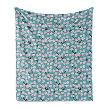 Blue and Pink Soft Flannel Fleece Throw Blanket, Japanese Sakura Pattern Repeating Cherry Blossom on Branches, Cozy Plush for Indoor and Outdoor Use, 60" x 80", Sea Blue Brown Pale Pink, by Ambesonne