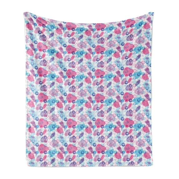 Blue and Pink Soft Flannel Fleece Throw Blanket, Summer Pattern with Leaves on Bubble Rounds in Vibrant Colors, Cozy Plush for Indoor and Outdoor Use, 70" x 90", Multicolor, by Ambesonne