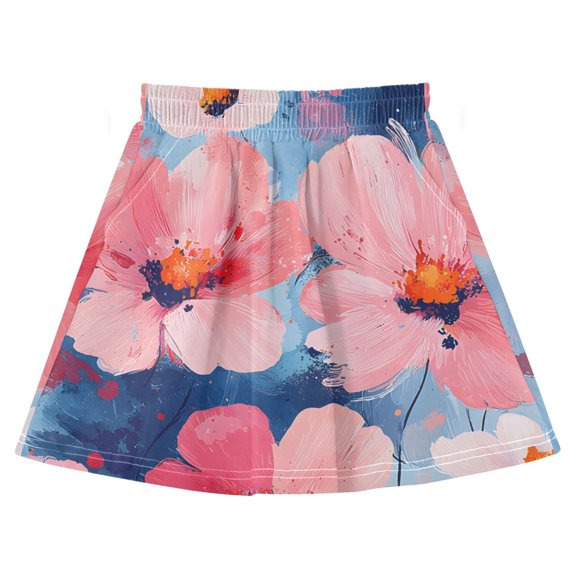 Blue Pink Splash Flower Pattern Cotton Skirt Built-in Liner Elastic A-Line Flared Skirt with Pockets