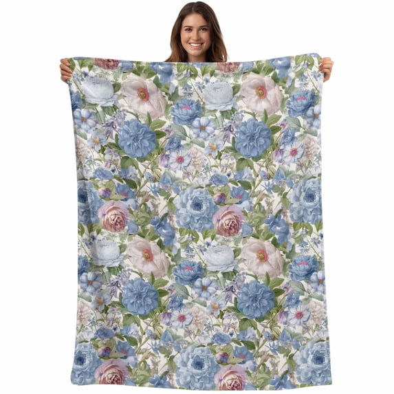 Blue Pink Spring Floral Blanket Soft Cozy Warm Throw Blanket for Couch, Plush Fuzzy Flannel Fleece Blankets for Sofa, Vintage Summer Botanical Bed Blankets Lightweight Gifts for Women, 40"x60"