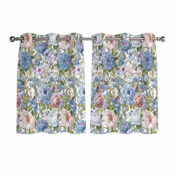 Blue Pink Spring Floral Kitchen Curtains Window Panels, Vintage Summer Botanical Insulated Window Treatment Curtain, Grommet Curtains for Bedroom/Living Room/Bathroom, 2 Piece 42"Wx45"L