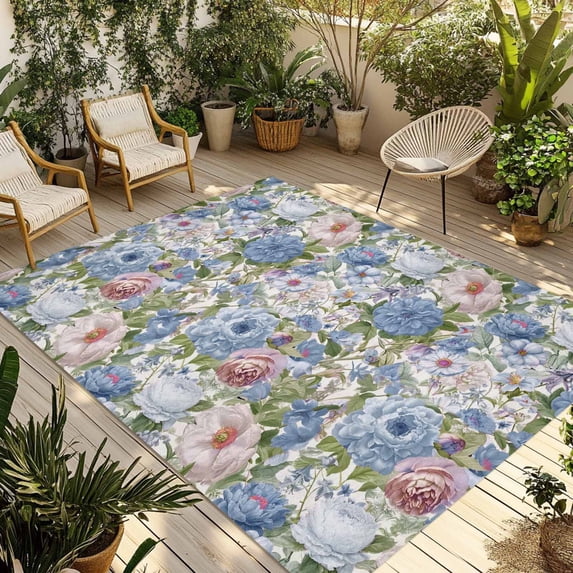 Blue Pink Spring Floral Outdoor Rug 3x5 Ft - Reversible Patio Rug Outdoor Camping Rugs, Vintage Summer Botanical Washable Indoor Outdoor Area Rugs, Non-Slip Outdoor Carpet Runner for Deck/Porch