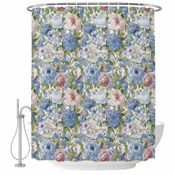 Blue Pink Spring Floral Shower Curtain, Waterproof Shower Curtains for Bathroom, Vintage Summer Botanical Washable Fabric Bathtub Curtain Set Bath Decor with 12 Hooks Standard 72"x72"