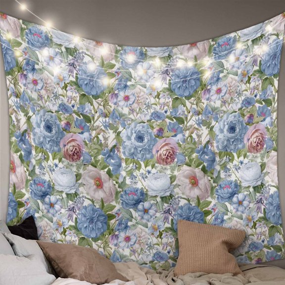 Blue Pink Spring Floral Small Tapestry for Bedroom Wall Hanging Tapestry, Vintage Summer Botanical Ceiling Backdrop Tapestries Poster Blanket Wall Decor for Teens Room Living Room Dorm 23" x 28"