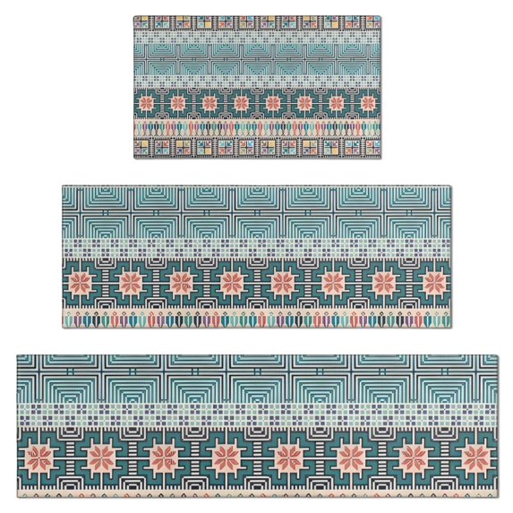 Blue and Pink Square Shaped Geometric Boho Pattern Kitchen Rugs Sets Of 3,Kitchen Runner Rugs Non Skid Washable,Decorative Kitchen Floor Mats for Kitchen,Sink,Laundry,17"x30"+ 17"x47" + 17"x59"