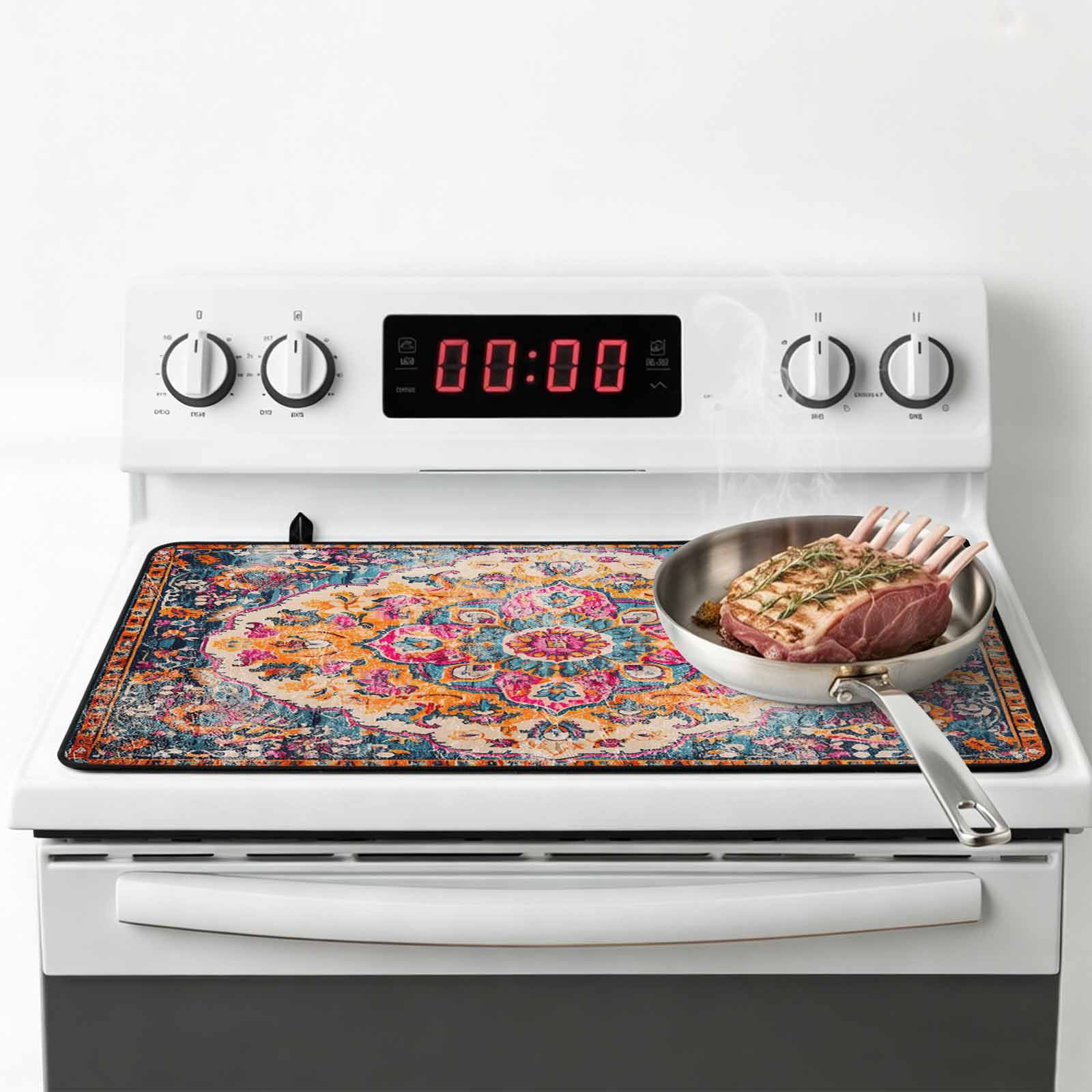 Blue Pink Stove Top Cover for Electric Stove, Heat-proof & Non Slip Glass Top Stove Cover Protector, Boho Middle Century Geometric Abstract Kitchen Flat Cooktop Rubber Mat 24x21 Inches