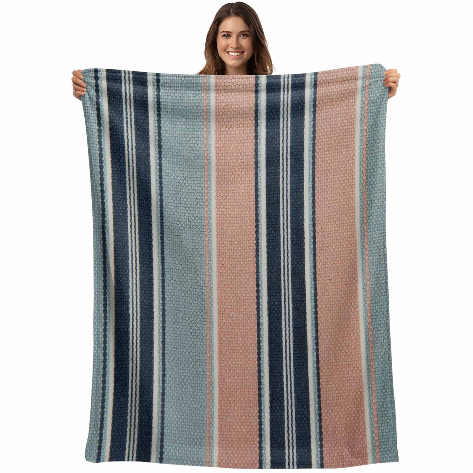 Blue Pink Striped Blanket Soft Cozy Warm Throw Blanket for Couch, Plush ...