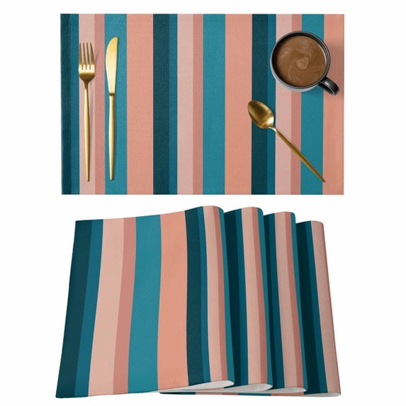 Blue Pink Striped Placemats Set of 6 Farmhouse Stripe Place Mats Indoor Wipeable Table Mats Washable Cloth Dining Table Placemats for Kitchen Holiday Party Home Decor 13x19 Inch