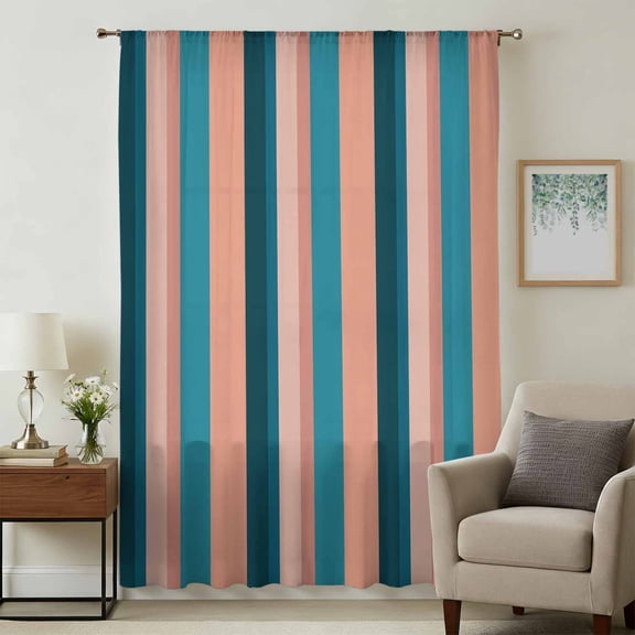 Blue Pink Striped Sheer Curtains 108 Inches Extra Long for Living Room, Farmhouse Stripe Light Filtering Privacy Drapes, Breathable Semi Sheer Window Treatment for Floor to Ceiling Window Bedroom