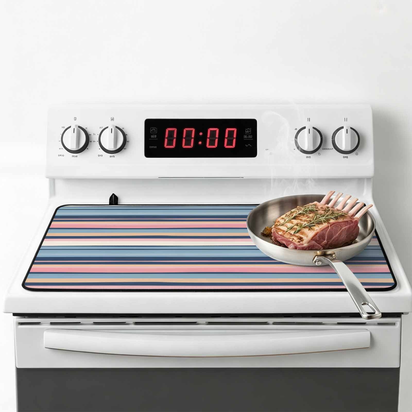 Blue Pink Striped Stove Top Cover for Electric Stove, Heat-proof & Non Slip Glass Top Stove Cover Protector, Farmhouse Vintage Stripe Kitchen Flat Cooktop Rubber Mat 24x21 Inches
