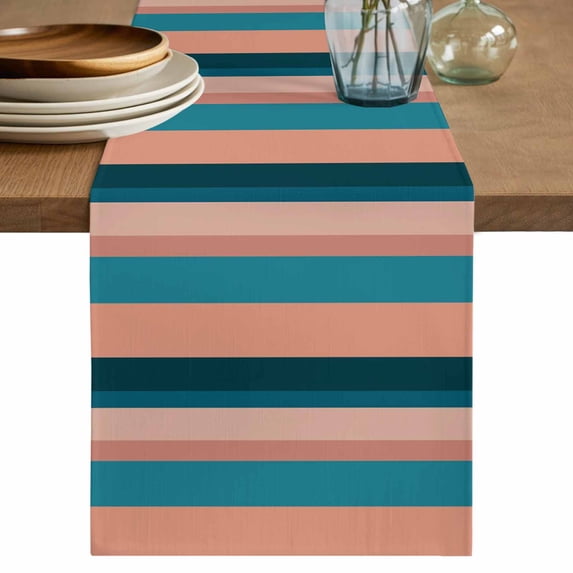 Blue Pink Striped Table Runner 72 Inches, Farmhouse Stripe Bed Runner Dresser Scarves Tabletop for Indoor Outdoor Parties/Ceremony/Banquet, 14" x 72"