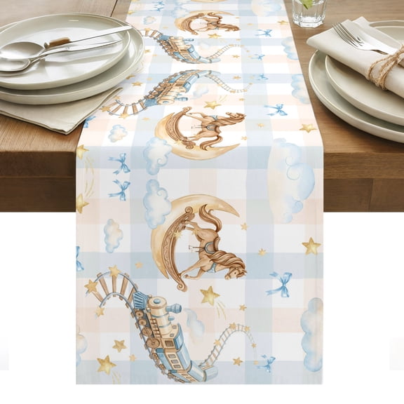 Blue Pink Table Runner Cute Hobbyhorse Train Cloud Plaid Tablerunners 13 x 48 Inch, Table Decorations Tabletop Scarf for Summer Gathering Holiday Farmhouse Kitchen Dining Decor