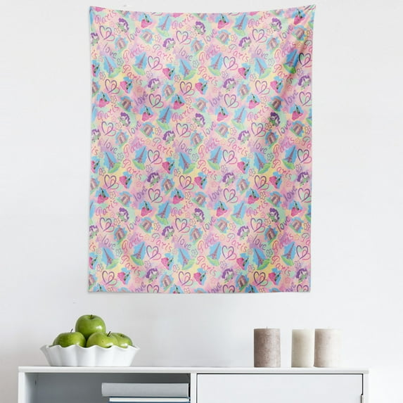 Blue Pink Tapestry, Vintage Retro Paris French Design with Landmarks and Florals Art, Fabric Wall Hanging Decor for Bedroom Living Room Dorm, 5 Sizes, Pale Pink and Pale Blue, by Ambesonne