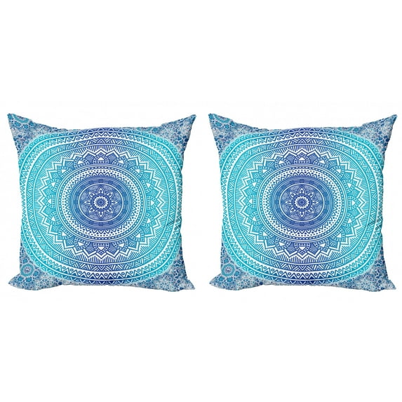 Blue and Pink Throw Pillow Cushion Cover Pack of 2, Ombre Mandala Floral Star Medallion Pattern Style Bohemian, Zippered Double-Side Digital Print, 4 Sizes, Blue White and Violet, by Ambesonne