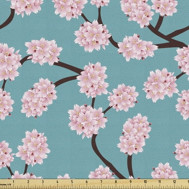 Ambesonne Blue and Pink Fabric by the Yard Upholstery, Cherry Blossom, 2 Yards, Sea Blue Brown Pale Pink