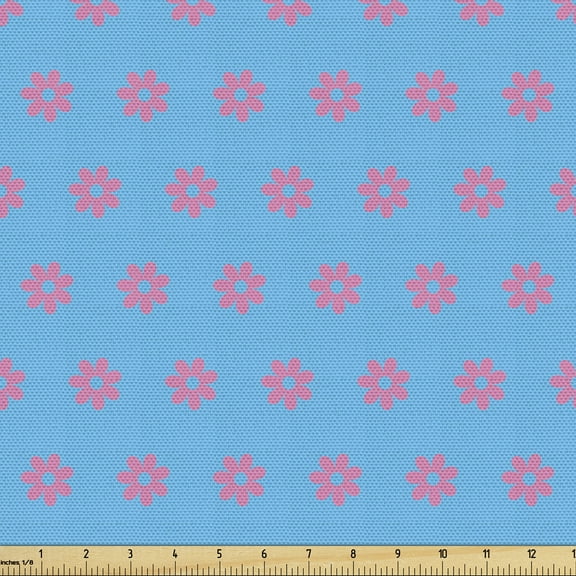 Blue and Pink Upholstery Fabric by the Yard, Symmetric Simplistic Retro Pattern with Tiny Petals, Decorative Fabric for DIY and Home Accents, 10 Yards, Pink Deep Sky Blue by Ambesonne