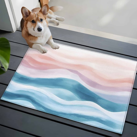 Blue Pink Washable Area Rug 2x3 Ombre Sea Wave Abstract Watercolor Ocean Coastal Low-Profile Area Rugs with Non Slip Backing Indoor Floor Carpet for Entrance Living Room Bedroom Home Office