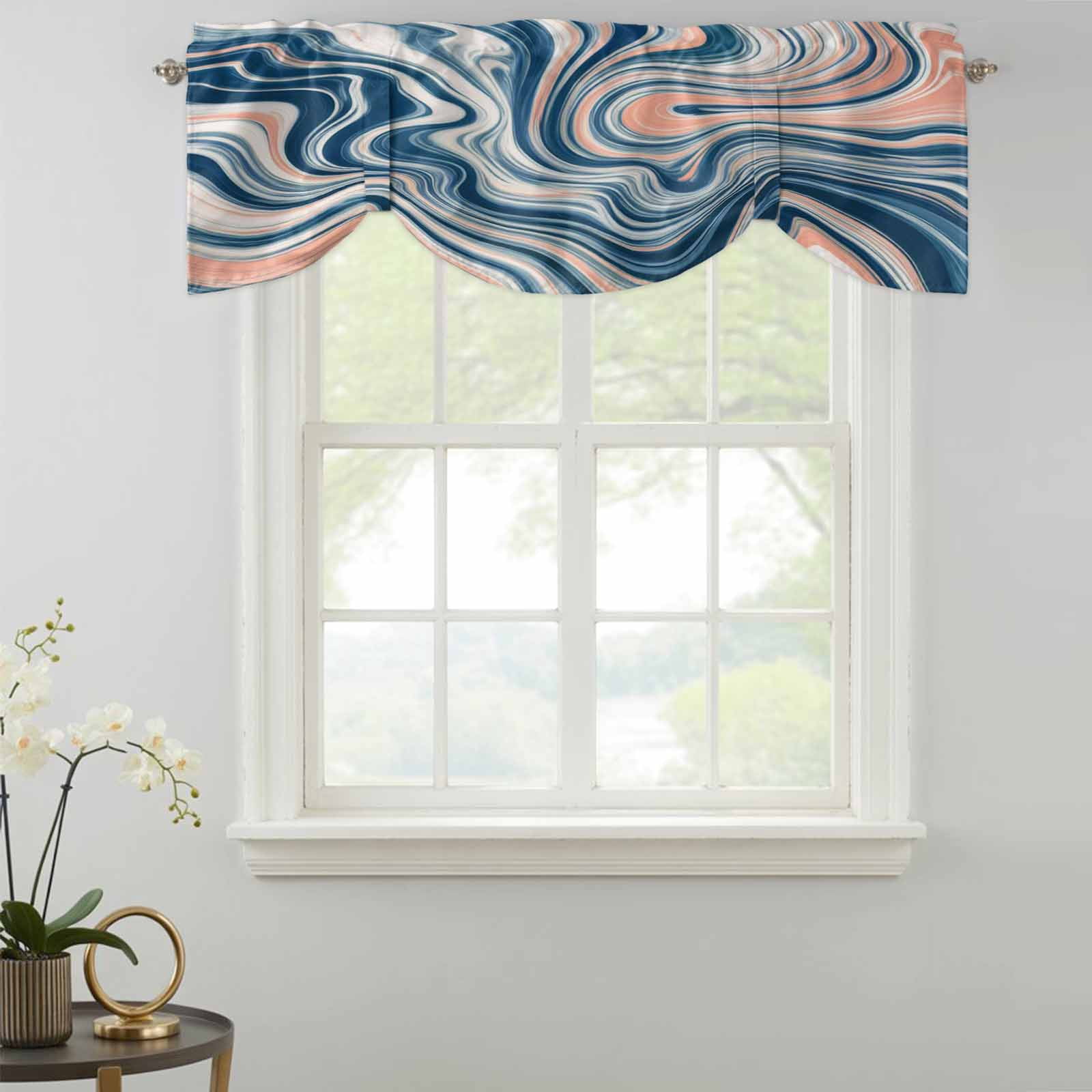 Blue Pink White Marble Tie Up Valances Curtain, Fluid Art Abstract ...