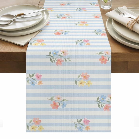 Blue Pink Yellow Floral Table Runner, Blue Stripes Farmhouse Cotton ...