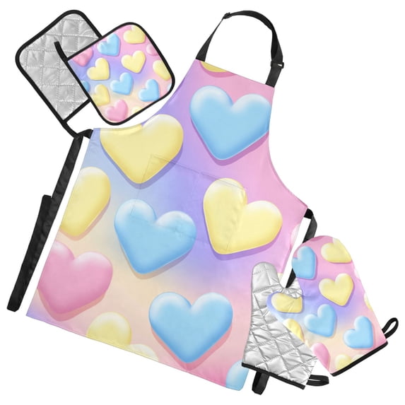 Blue Pink Yellow Heart Cute Valentine Apron Set with Oven Mitts Pot Holders Set of 5 Kitchen Stuff Accessories