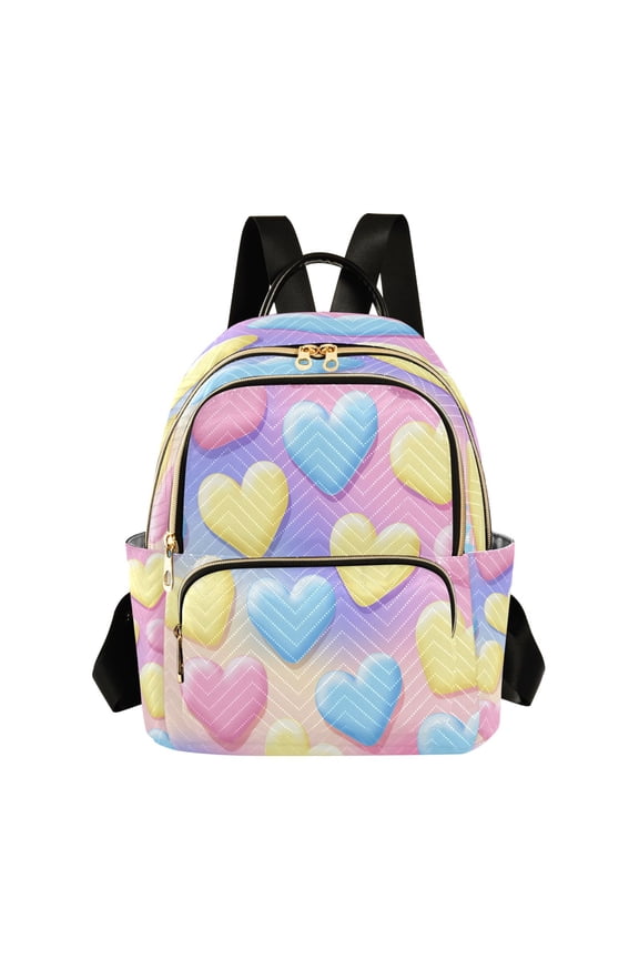 Blue Pink Yellow Heart Cute Valentine Quilted Backpack Fashion Daypack Commuter Bag for Women 8.5 L