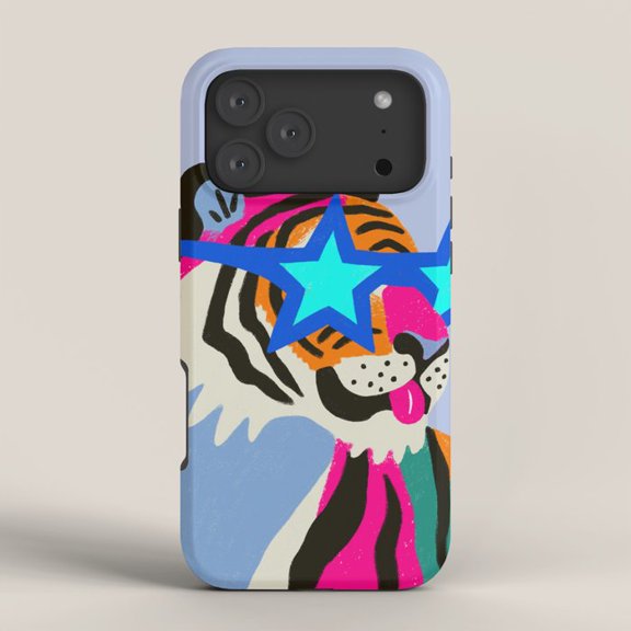 Blue, Pink and Orange Tiger with Star Sunglasses Tough Case for Apple iPhone, Polycarbonate and TPU
