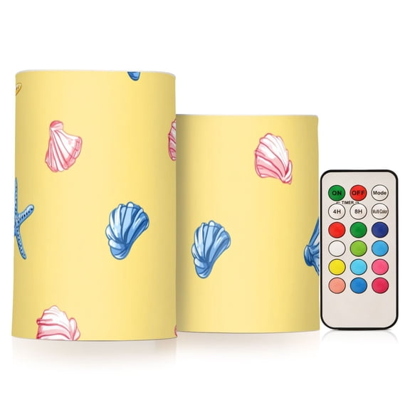 Blue Pinkish Seashells Starfish Flickering Flameless Candles LED Tealight Battery Operated with Remote Set of 2 Holiday Decor Ornaments