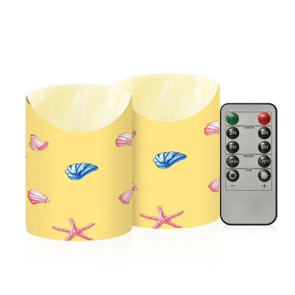 Blue Pinkish Seashells Starfish Flickering Flameless Candles with Remote Timer Battery Operated LED Tealight Set of 2 S