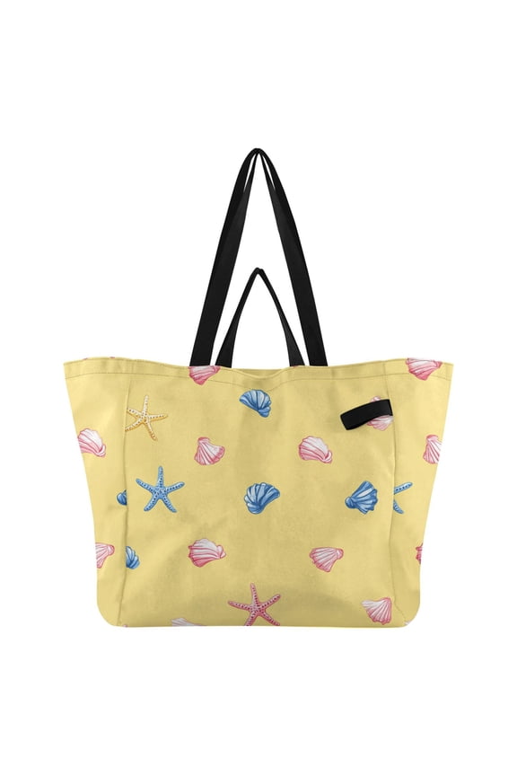 Blue Pinkish Seashells Starfish Foldable Canvas Tote Bags Reusable Grocery Bags Laundry Bags Beach Bag 32L