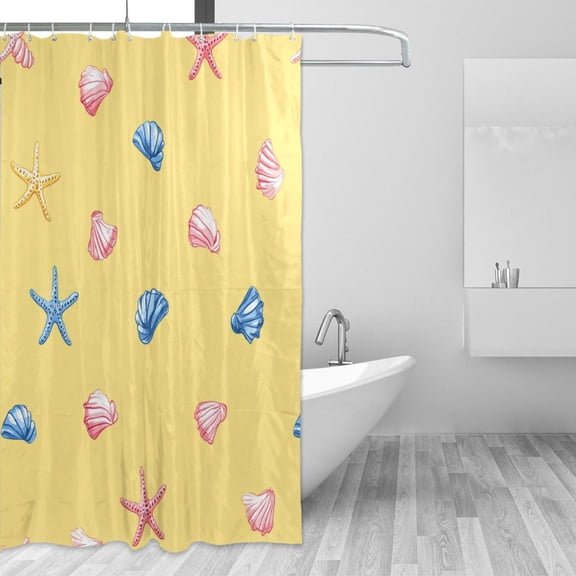 Blue Pinkish Seashells Starfish Shower Curtains with 12 Hooks Waterproof Bathroom Decor 66" x 72"