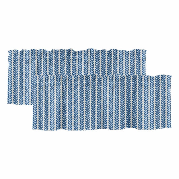 Blue Pinstripes 2 Panels Kitchen Valance, Coastal Nautical Blue Leaf Stripes Curtains Valances for Small Windows Rod Pocket Window Treatments for Living Room Bedroom 42"W x 12"L