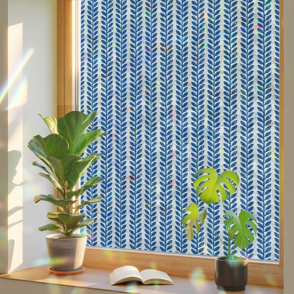 Blue Pinstripes Window Privacy Film, Coastal Nautical Blue Leaf Stripes Stained Glass Rainbow Film Decorative Window Clings, Static Cling Sun Blocking Stickers 17.7" x 39.3"