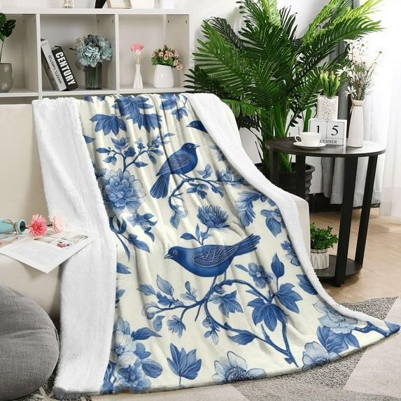 Blue Pioneer Flower and Bird Blanket,Comfortable Soft Flannel Throw Blanket,All Season,Warm Lightweight Blankets for Sofa Bed Couch Living Room Chair,50"x60"(130x150cm)