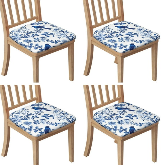 Blue Pioneer Flower and Bird Seat Covers for Dining Room Chairs Set Of 4,Stretch Printed Washable Chair Seat Cover with Elastic Ties and Button,Removable Waterproof Couch Cushion Covers