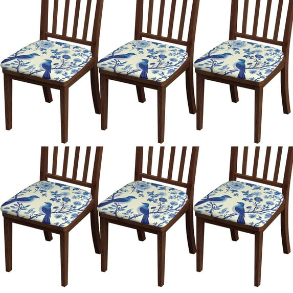Blue Pioneer Flower and Bird Seat Covers for Dining Room Chairs Set Of 6,Stretch Printed Washable Chair Seat Cover with Elastic Ties and Button,Removable Waterproof Couch Cushion Covers