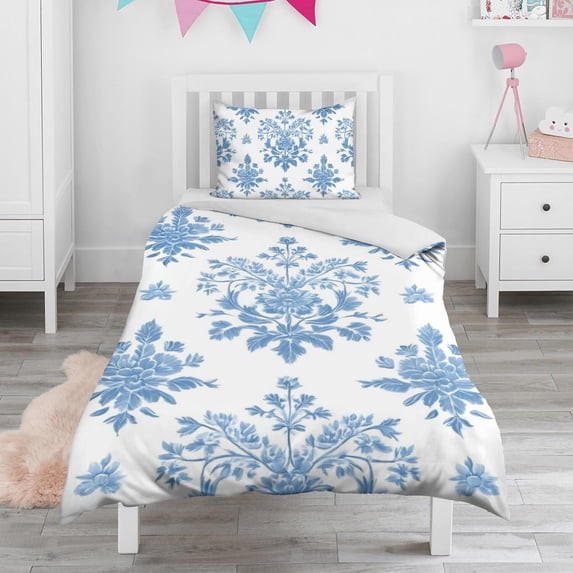 Blue Pioneer Flower Duvet Cover and Pillowcase Set for Single Bedding, Bedroom Accessories for Kids Teens