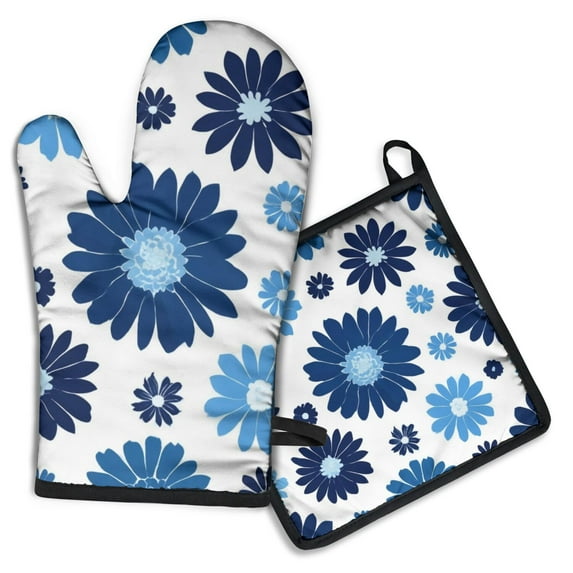 Blue Pioneer Flower Kitchen Oven Mitt and Pot Holder Sets 2 Pcs for Baking, Cooking and Grilling, Heat Resistant Up To 392 °F